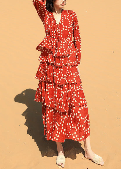 Beautiful Red Ruffled Dot Chiffon Long Dresses Spring