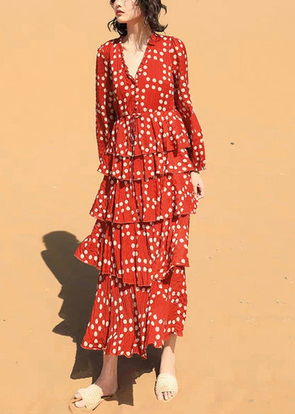 Beautiful Red Ruffled Dot Chiffon Long Dresses Spring