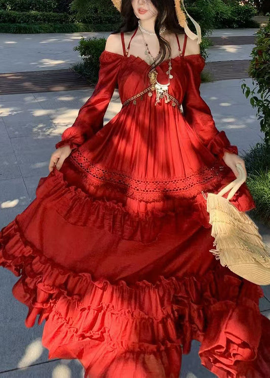 Beautiful Red Ruffled Patchwork Maxi Spaghetti Strap Dress Lantern Sleeveless