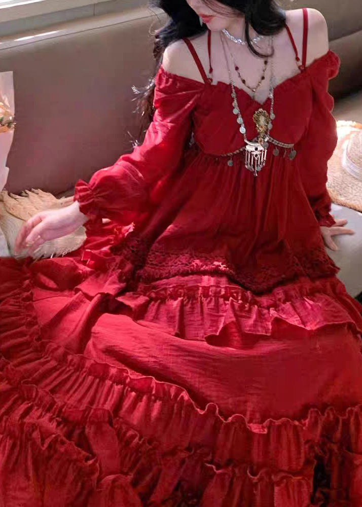 Beautiful Red Ruffled Patchwork Maxi Spaghetti Strap Dress Lantern Sleeveless