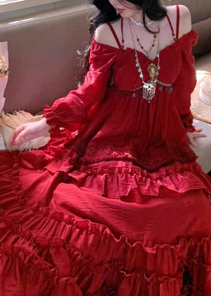 Beautiful Red Ruffled Patchwork Maxi Spaghetti Strap Dress Lantern Sleeveless