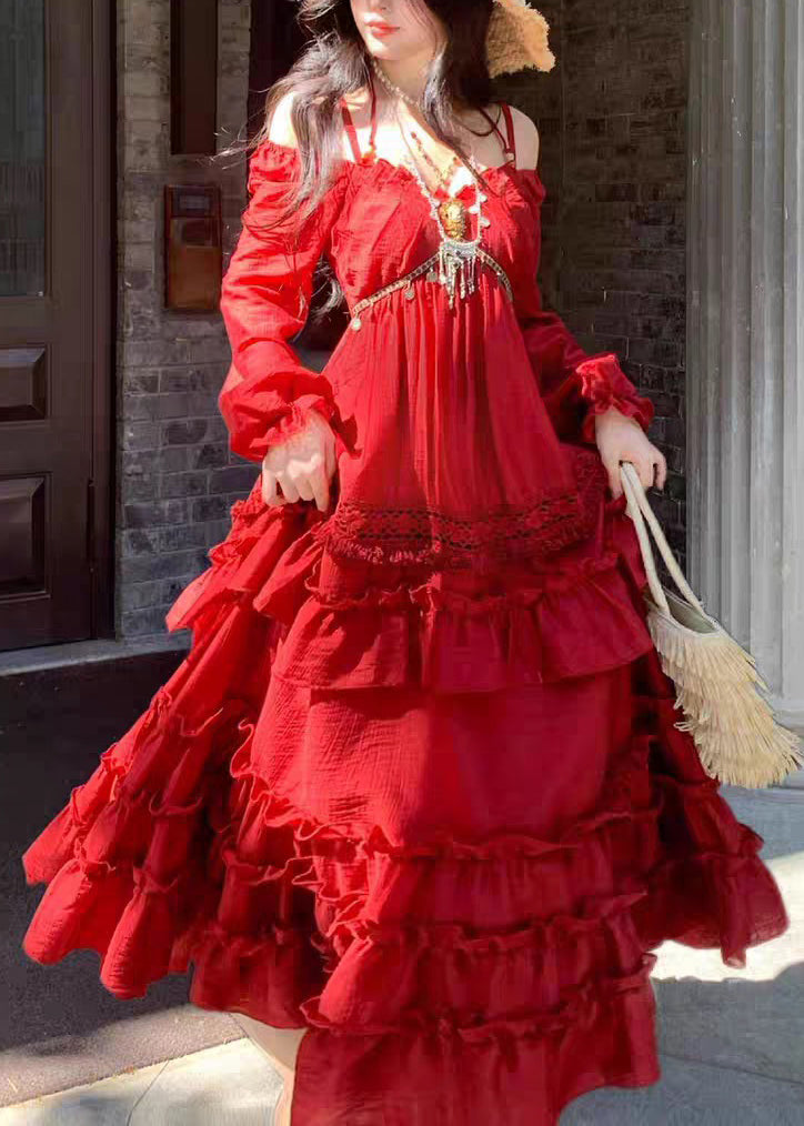Beautiful Red Ruffled Patchwork Maxi Spaghetti Strap Dress Lantern Sleeveless