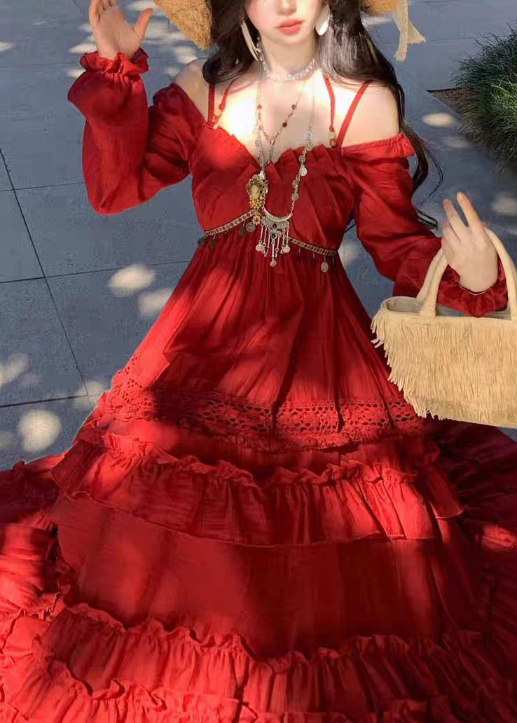 Beautiful Red Ruffled Patchwork Maxi Spaghetti Strap Dress Lantern Sleeveless
