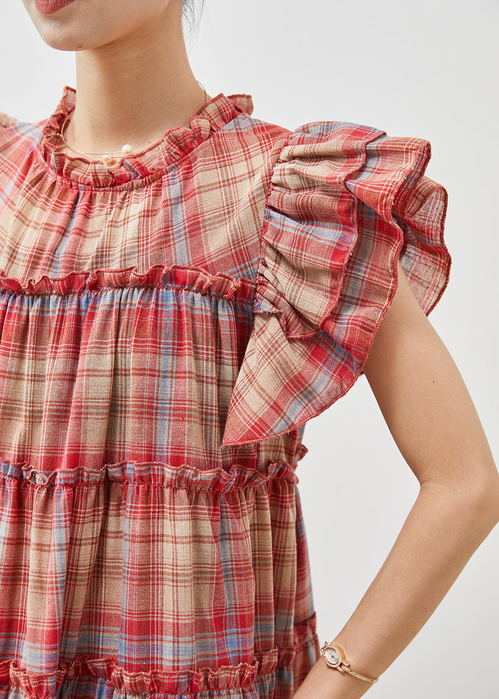 Beautiful Red Ruffled Plaid Cotton Dresses Butterfly Sleeve