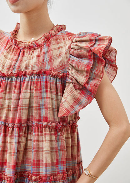 Beautiful Red Ruffled Plaid Cotton Dresses Butterfly Sleeve