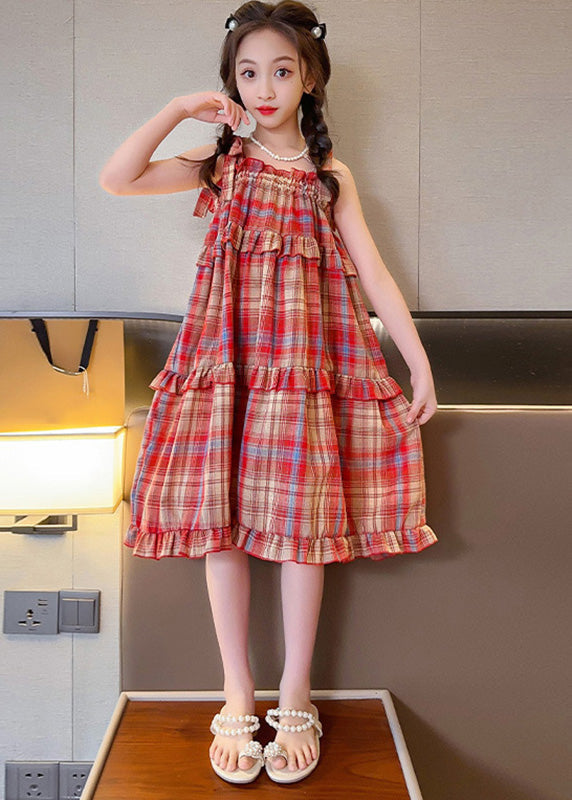 Beautiful Red Slash Neck Ruffled Plaid Patchwork Girls Slip Long Dress Summer