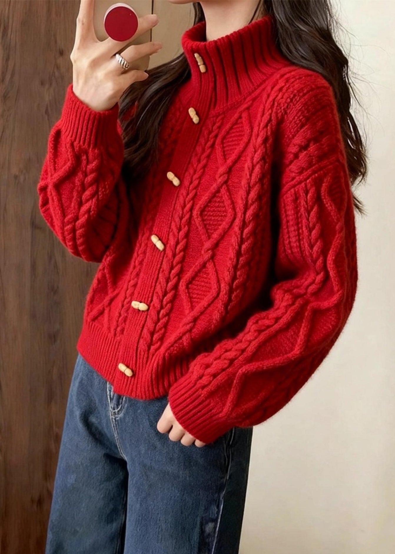 Beautiful Red Stand Collar Cable Knit Cardigan Winter