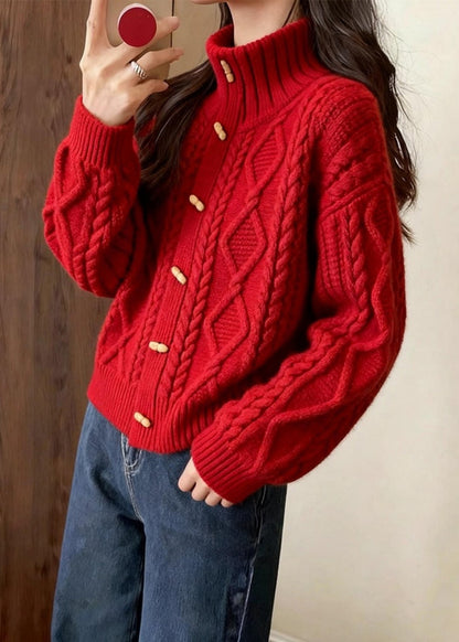 Beautiful Red Stand Collar Cable Knit Cardigan Winter