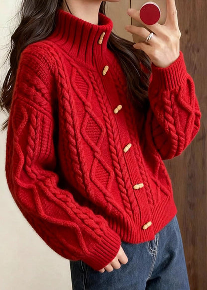 Beautiful Red Stand Collar Cable Knit Cardigan Winter
