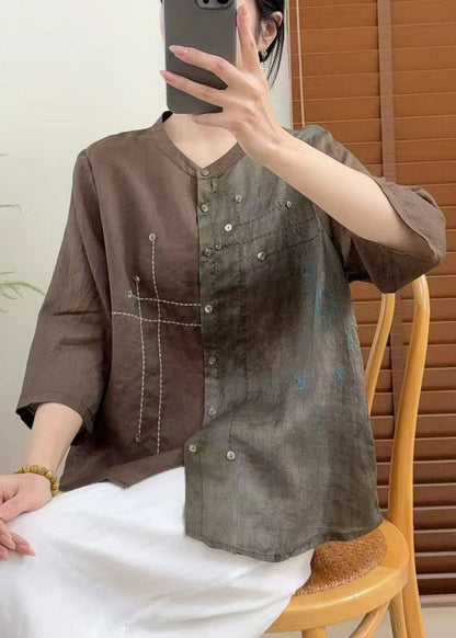 Beautiful Red Stand Collar Tie Dye Patchwork Linen Shirt Bracelet Sleeve