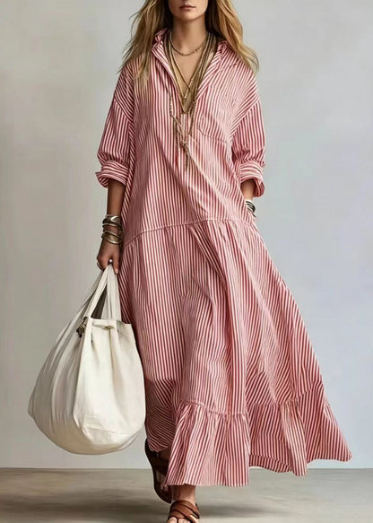 Beautiful Red Striped Peter Pan Collar Exra Large Hem Maxi Dress Fall
