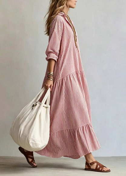 Beautiful Red Striped Peter Pan Collar Exra Large Hem Maxi Dress Fall