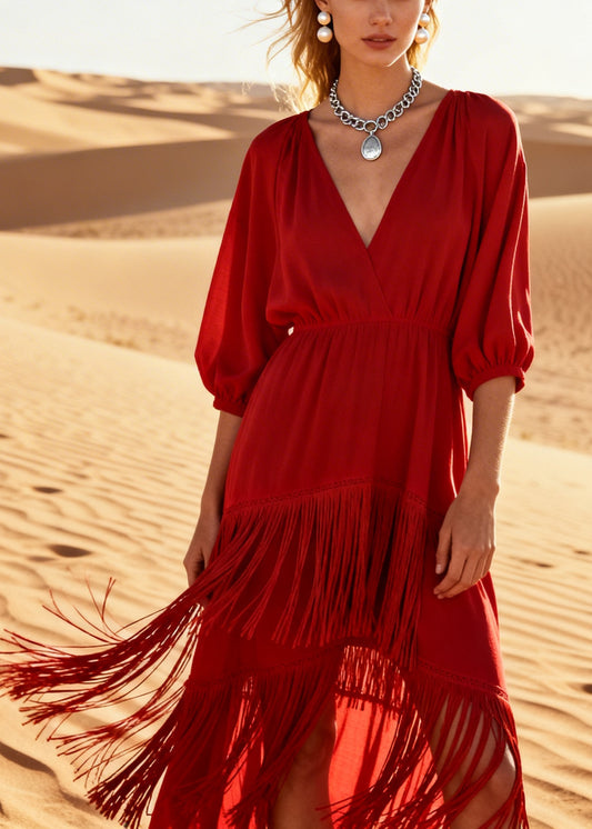 Beautiful Red Tasseled Low High Design Cotton Dresses Summer