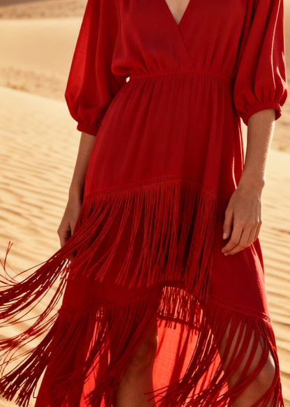 Beautiful Red Tasseled Low High Design Cotton Dresses Summer
