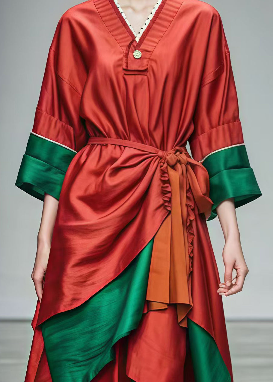 Beautiful Red Tie Waist Patchwork Cotton Holiday Dresses Summer