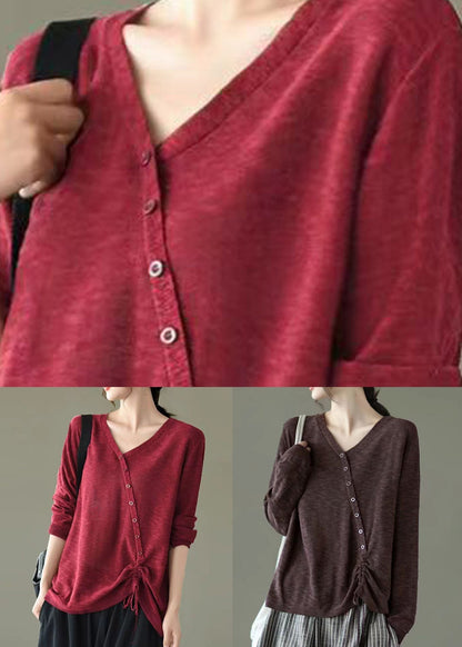 Beautiful Red V Neck Drawstring Patchwork Knitting Top Fall