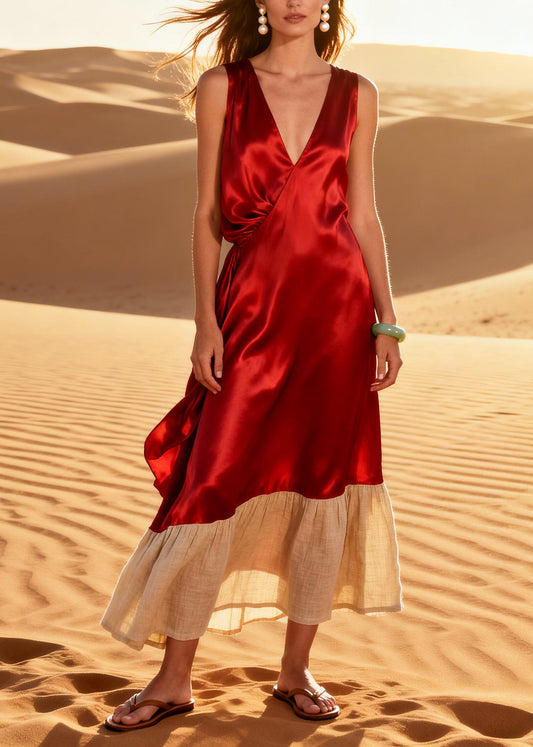 Beautiful Red V Neck Patchwork Linen Silk Dresses Summer