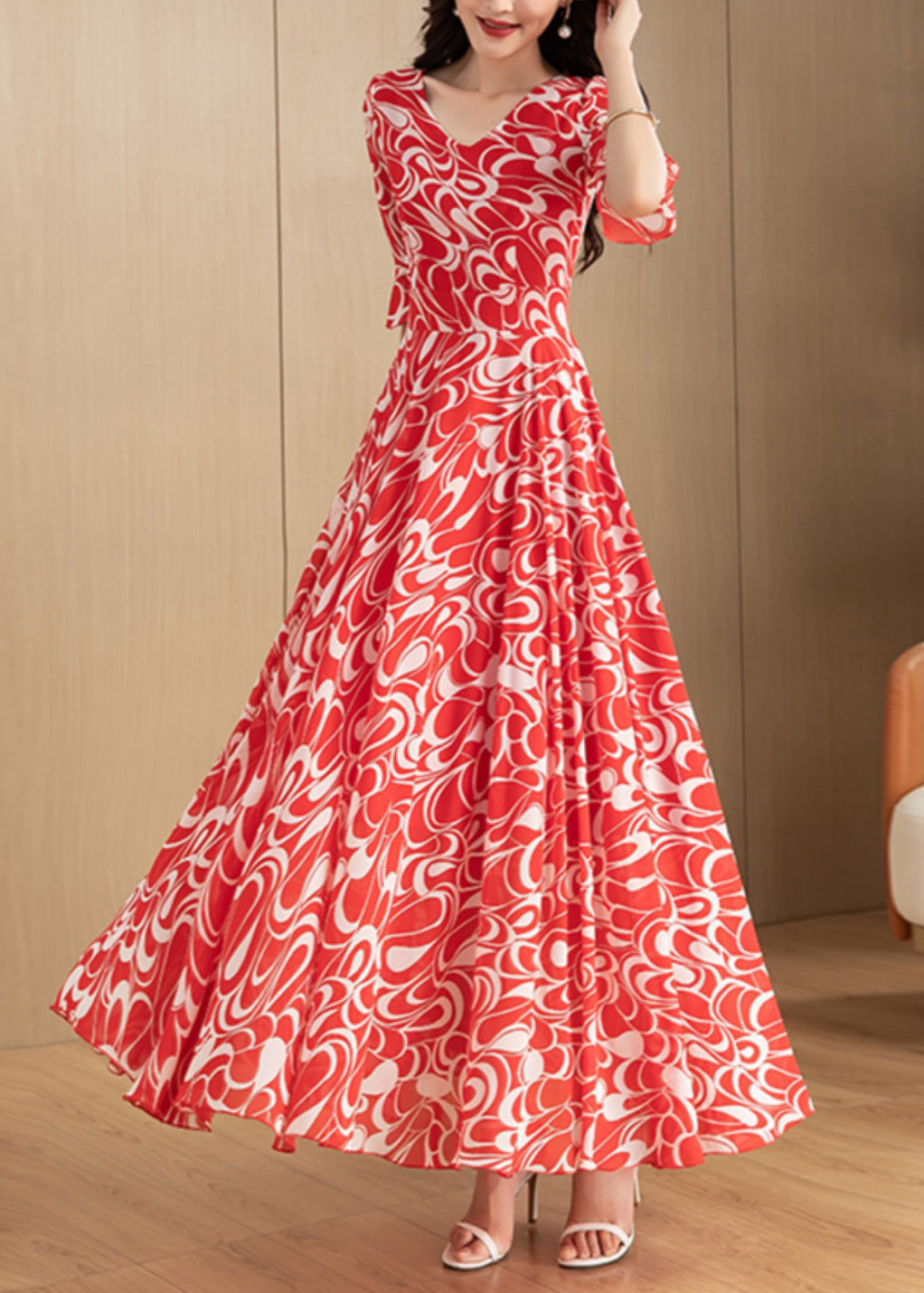 Beautiful Red V Neck Print Chiffon Long Dress Summer