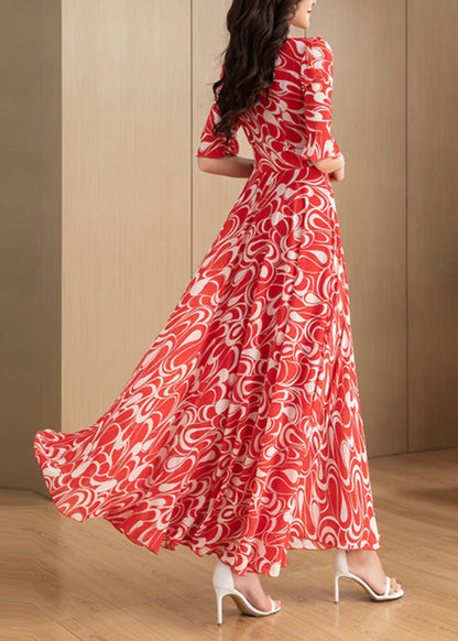 Beautiful Red V Neck Print Chiffon Long Dress Summer