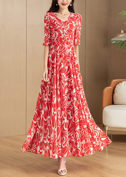 Beautiful Red V Neck Print Chiffon Long Dress Summer
