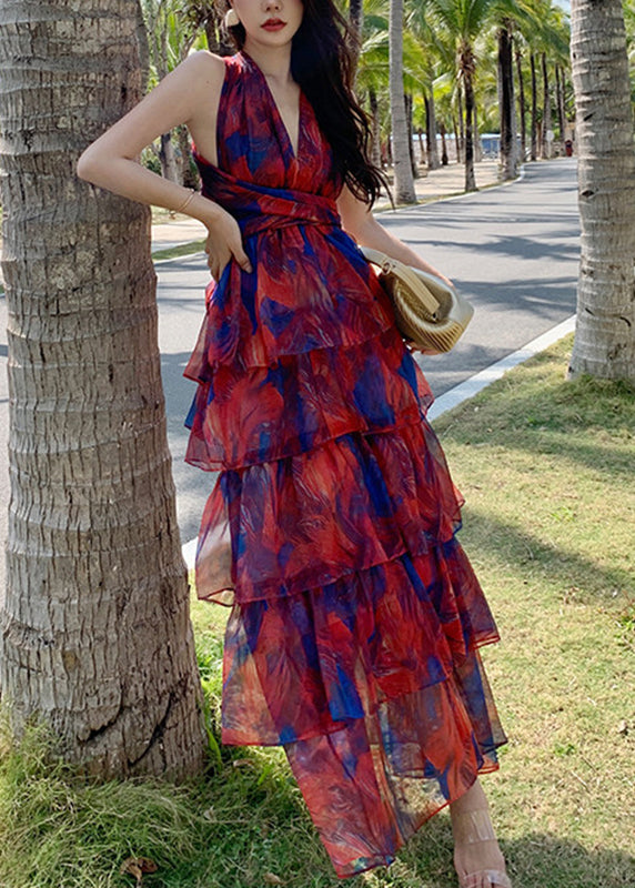 Beautiful Red V Neck Print Chiffon Tunic Maxi Dresses Summer