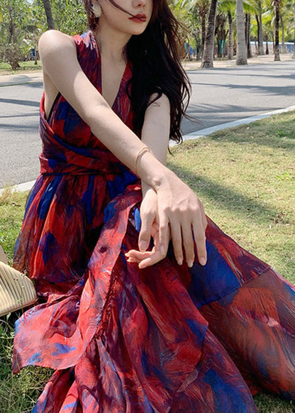 Beautiful Red V Neck Print Chiffon Tunic Maxi Dresses Summer