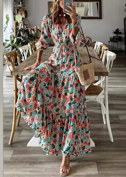 Beautiful Red V Neck Print Lace Up Ankle Dress Fall