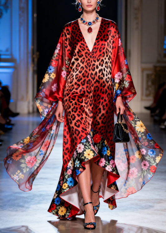 Beautiful Red V Neck Print Patchwork Silk Maxi Dresses Summer