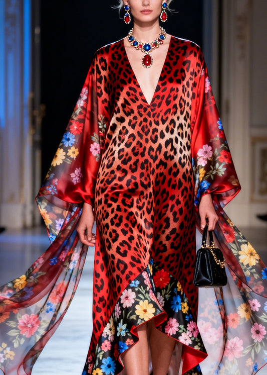 Beautiful Red V Neck Print Patchwork Silk Maxi Dresses Summer