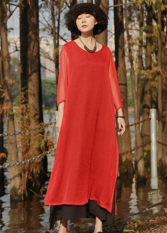 Beautiful Red side open Pockets chiffon Long Dress Three Quarter sleeve