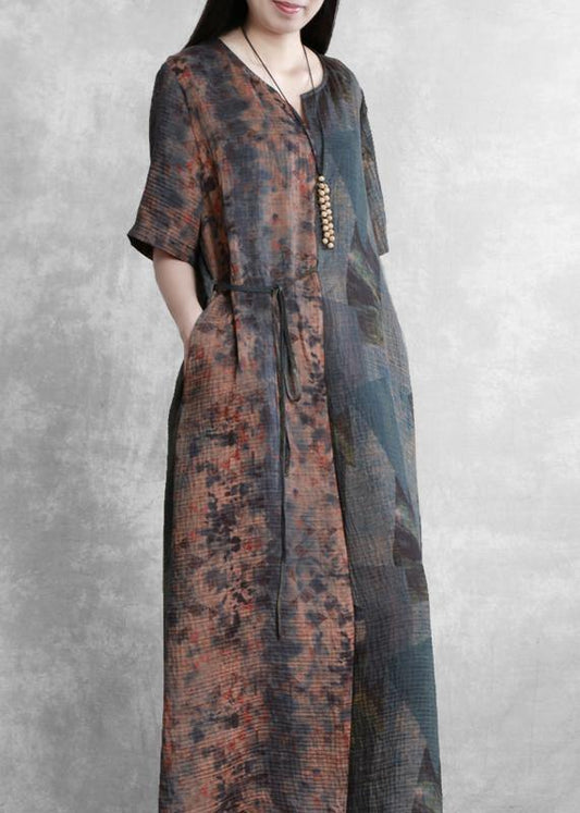 Beautiful Retro blue print clothes v neck half sleeve Robe Dresses - SooLinen