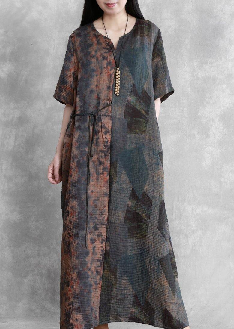 Beautiful Retro blue print clothes v neck half sleeve Robe Dresses - SooLinen