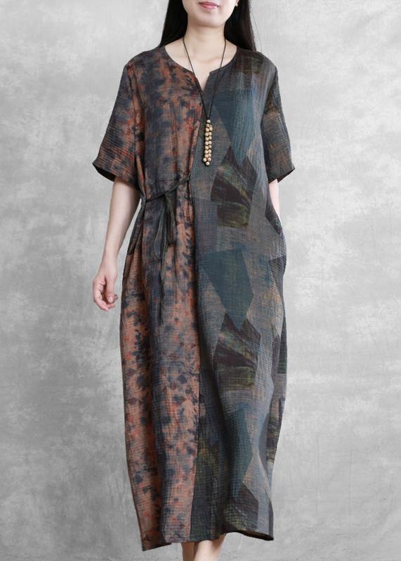 Beautiful Retro blue print clothes v neck half sleeve Robe Dresses - SooLinen