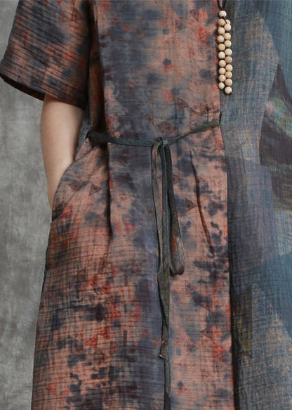 Beautiful Retro blue print clothes v neck half sleeve Robe Dresses - SooLinen