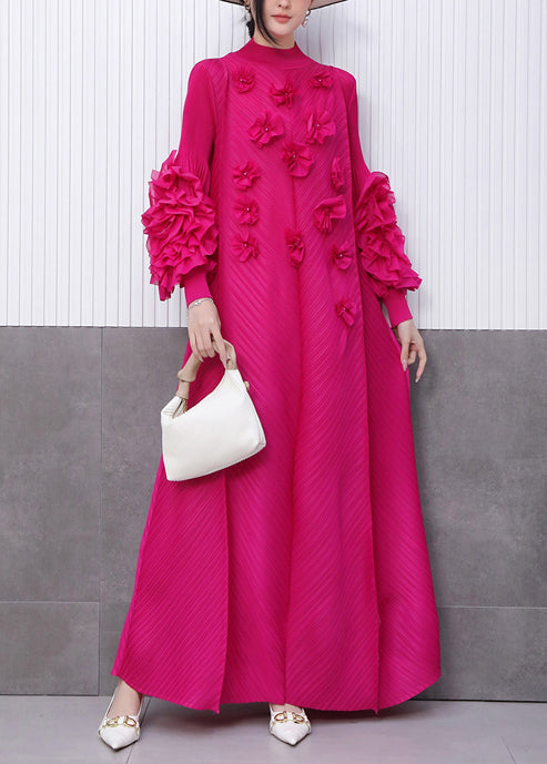 Beautiful Rose Floral Decorated Pleated Texture Maxi Dress Petal Sleeve