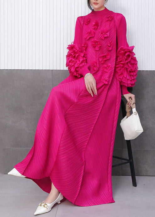 Beautiful Rose Floral Decorated Pleated Texture Maxi Dress Petal Sleeve