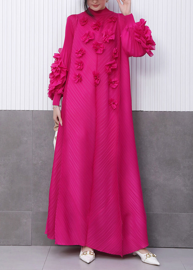 Beautiful Rose Floral Decorated Pleated Texture Maxi Dress Petal Sleeve