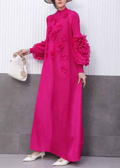 Beautiful Rose Floral Decorated Pleated Texture Maxi Dress Petal Sleeve