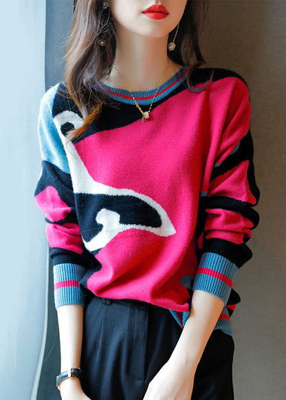 Beautiful Rose O Neck Patchwork Cozy Wool Knit Sweaters Long Sleeve