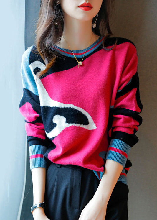 Beautiful Rose O Neck Patchwork Cozy Wool Knit Sweaters Long Sleeve