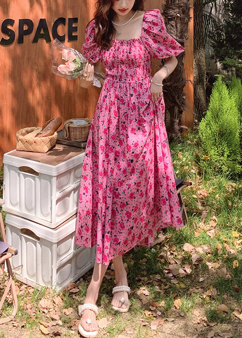 Beautiful Rose Puff Sleeve Print Cotton Holiday Dress