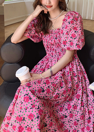 Beautiful Rose Puff Sleeve Print Cotton Holiday Dress
