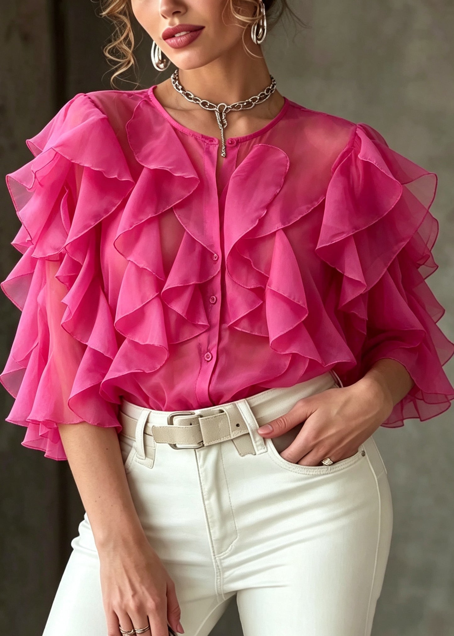 Beautiful Rose Ruffled Chiffon UPF 50+ Shirt Top Summer