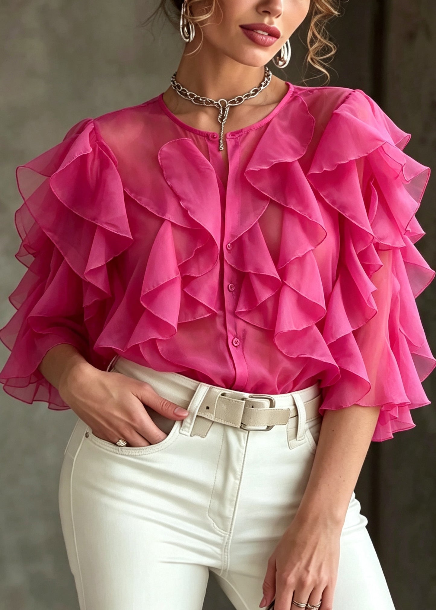 Beautiful Rose Ruffled Chiffon UPF 50+ Shirt Top Summer