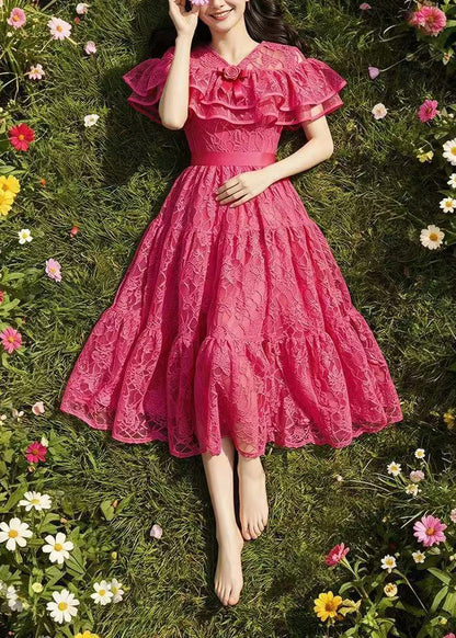 Beautiful Rose Ruffled Floral Lace Dress Summer
