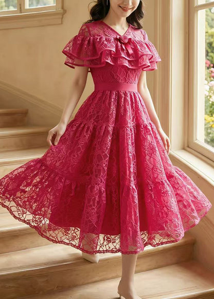 Beautiful Rose Ruffled Floral Lace Dress Summer