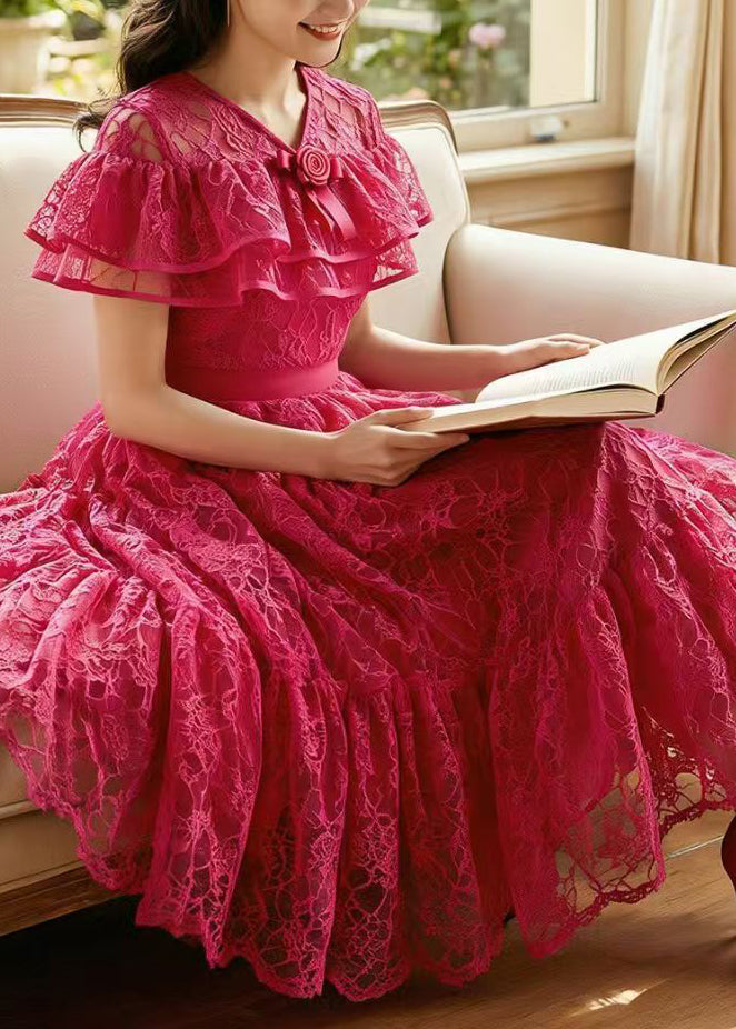 Beautiful Rose Ruffled Floral Lace Dress Summer