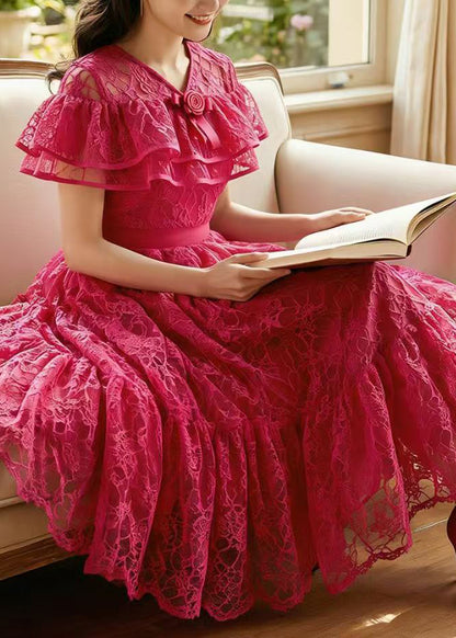 Beautiful Rose Ruffled Floral Lace Dress Summer