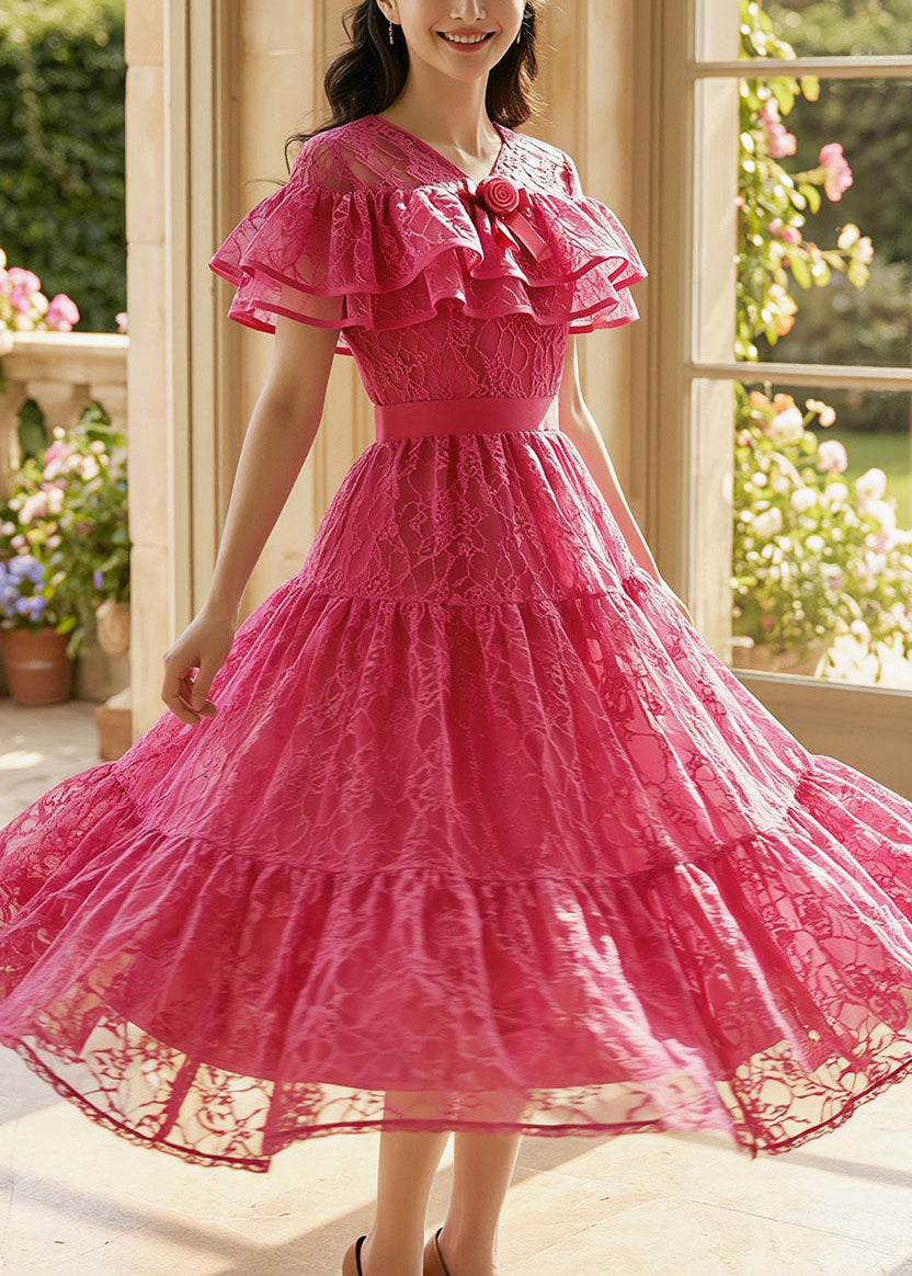 Beautiful Rose Ruffled Floral Lace Dress Summer