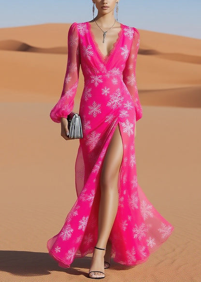 Beautiful Rose Snowflake Print Side Open Chiffon Long Dresses Spring